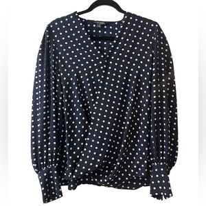 Lauren Ralph Lauren Navy Polka Dot Faux Wrap Long Sleeve Draped Blouse Large
